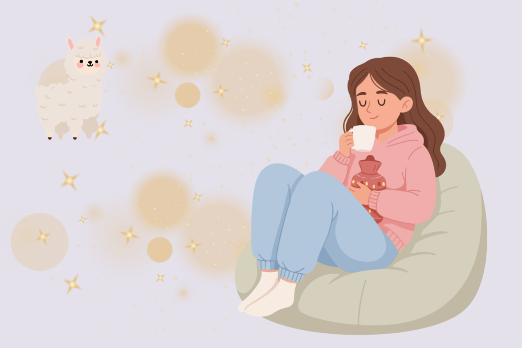 llama and drinking calming tea and feeling calm